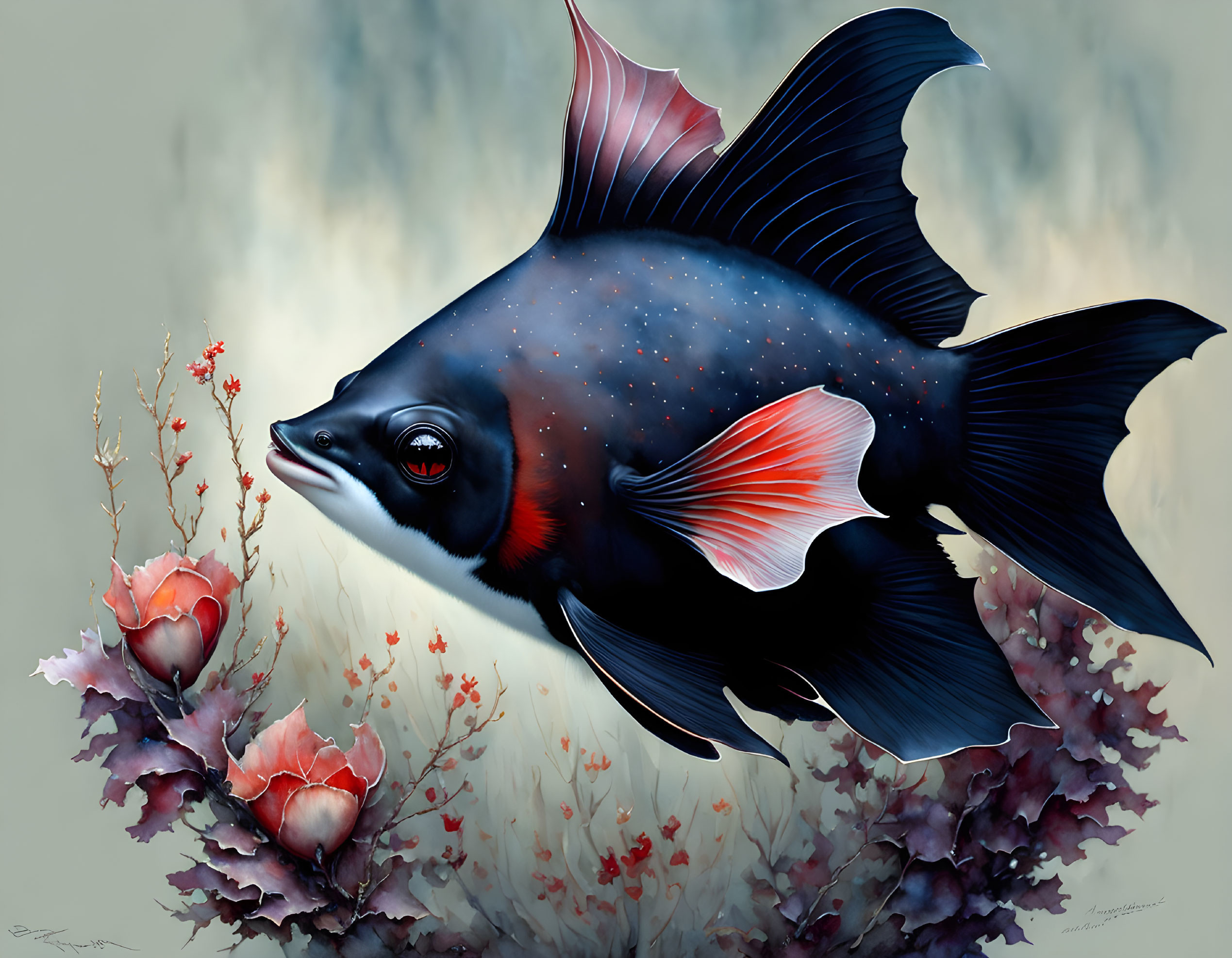 Stylized black fish with red fins among coral and flowers on grey background