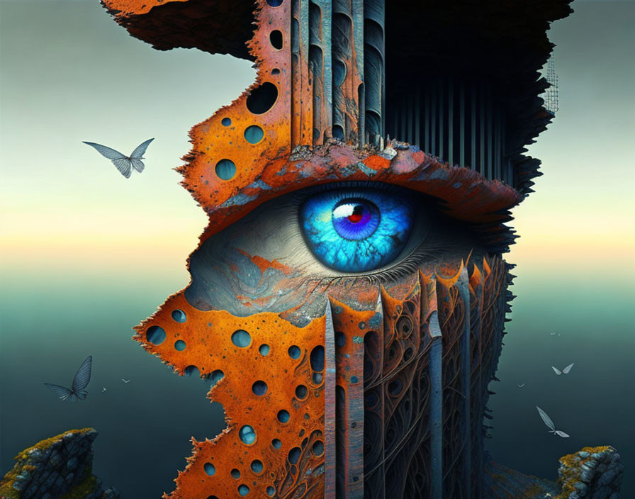 Large blue eye in rusty mechanical face with butterflies on dreamy backdrop