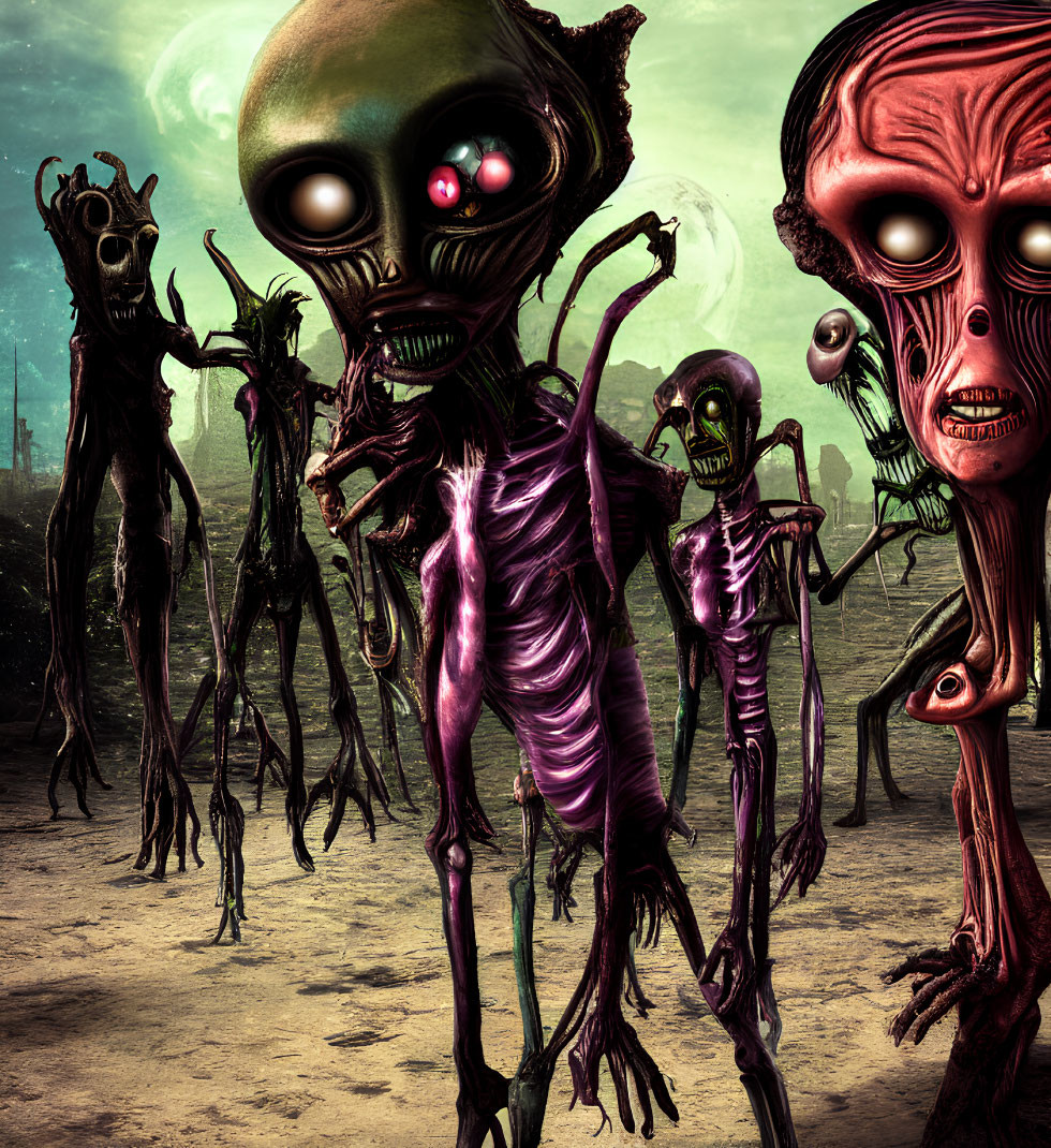 Group of extraterrestrial creatures with oversized heads and glowing eyes in desolate landscape