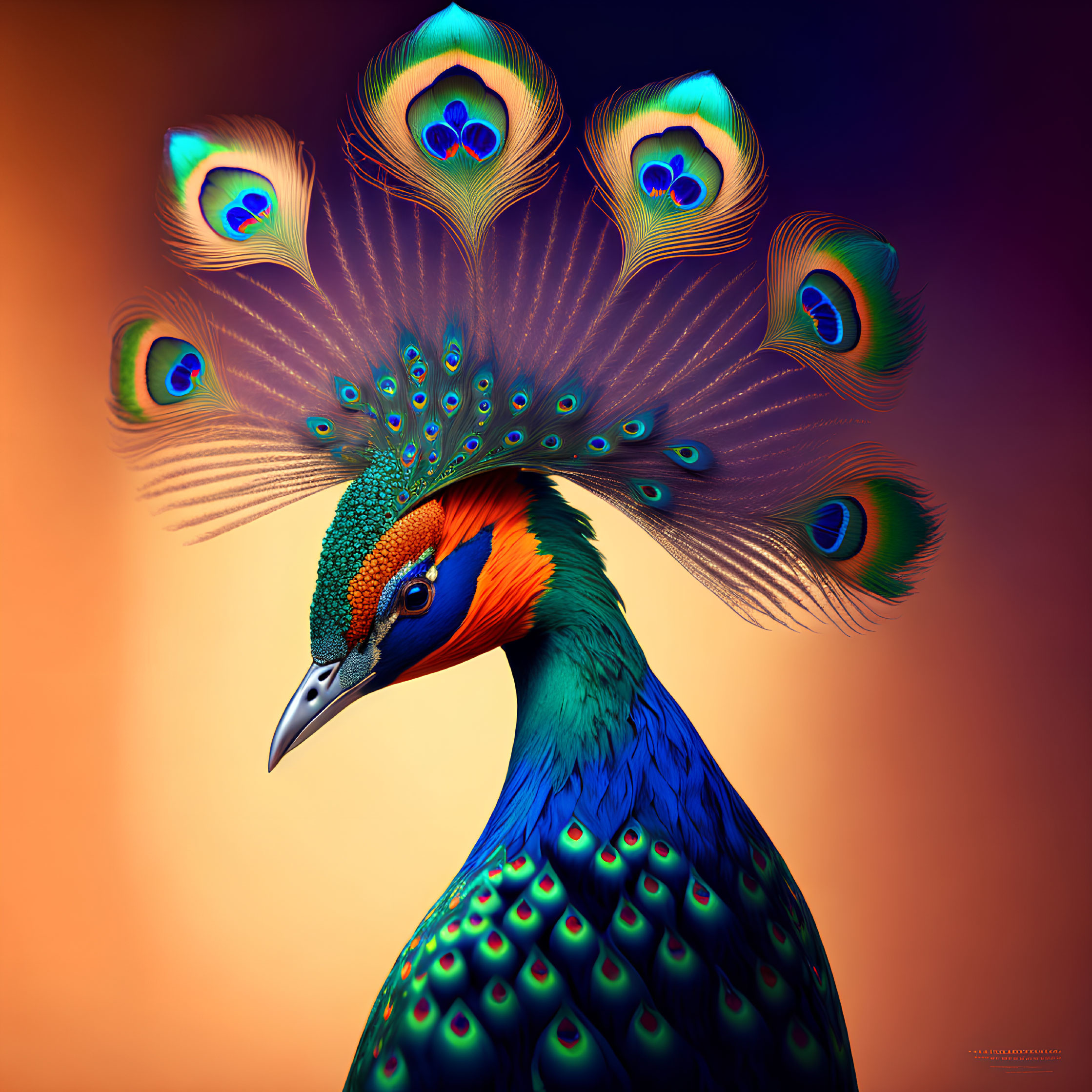 Colorful Peacock Displaying Iridescent Plumage on Gradient Orange Background