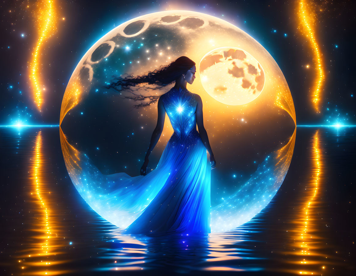 Silhouette of woman in blue dress under moonlit sky