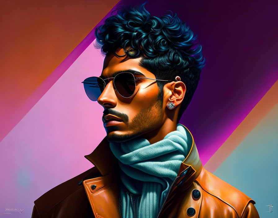 Man with Blue Hair and Sunglasses in Stylized Portrait