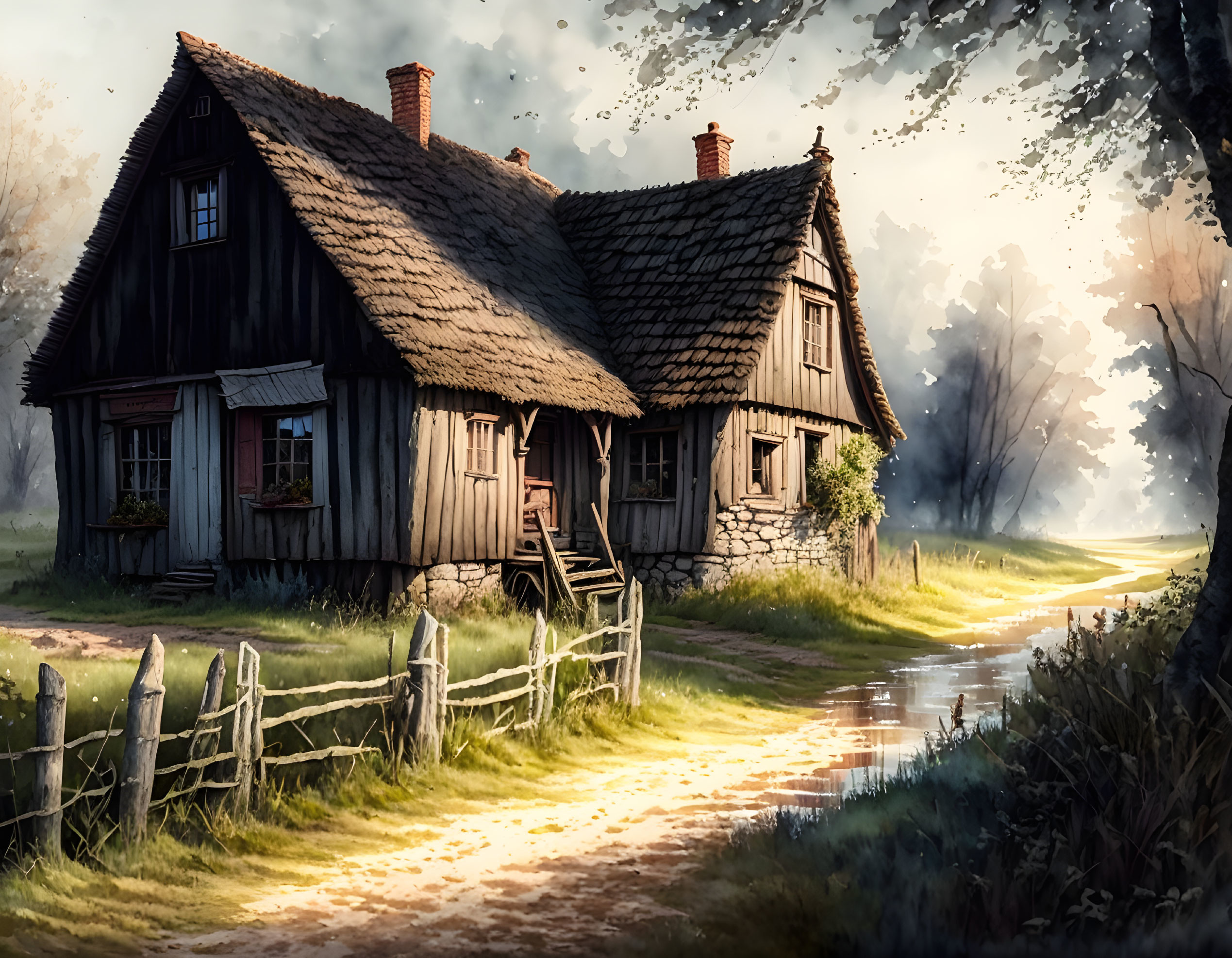 Rural Cottage with Thatched Roof and Wooden Fence