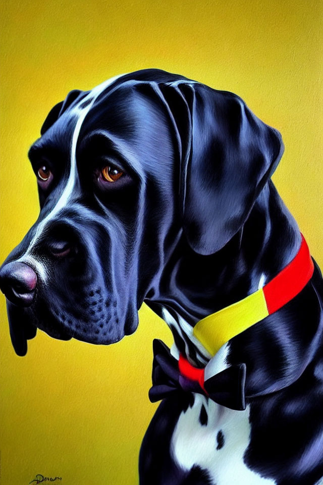 Great Dane portrait with bright amber eyes and red collar