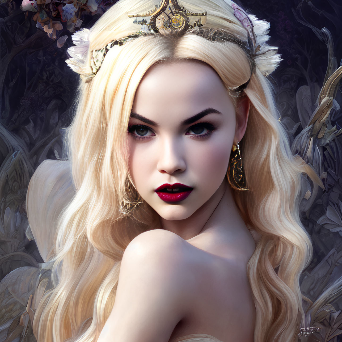 Blonde Woman in Crown with Blue Eyes and Red Lips Portrait