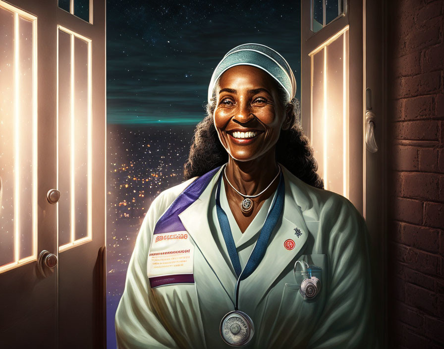 Smiling nurse in scrubs and cap at night with starry skies