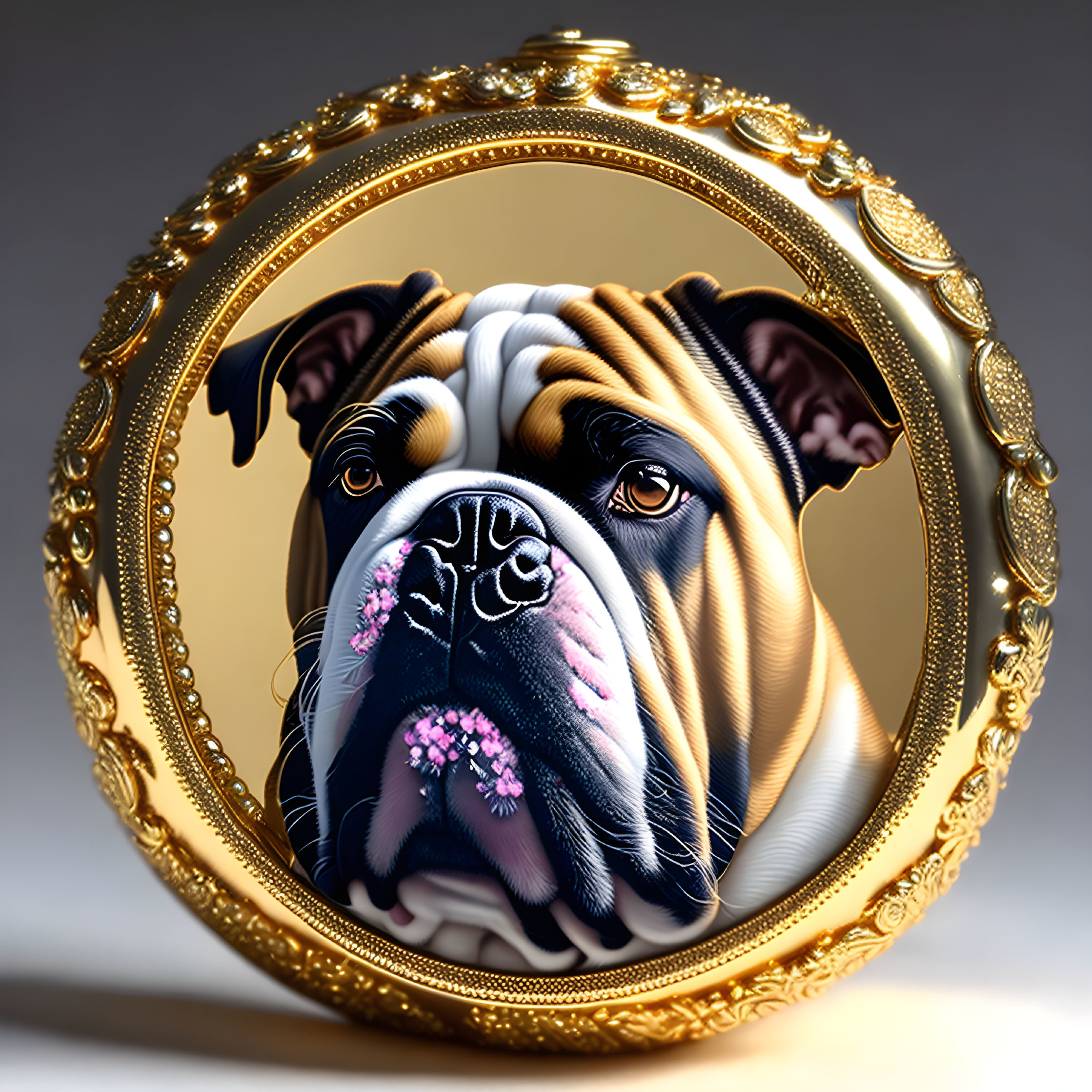 Realistic Bulldog Face Illustration in Ornate Golden Frame