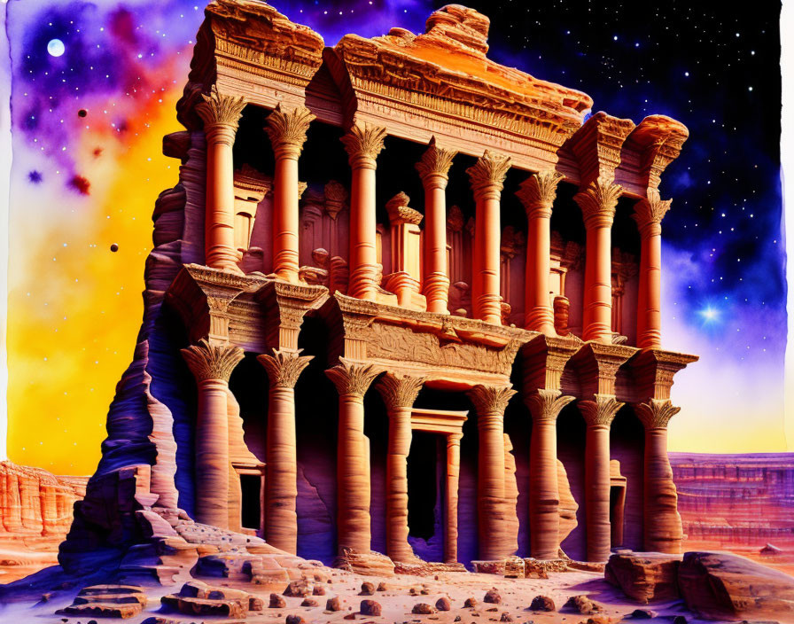 Ancient rock-cut façade of Petra's Al-Khazneh under starry sky