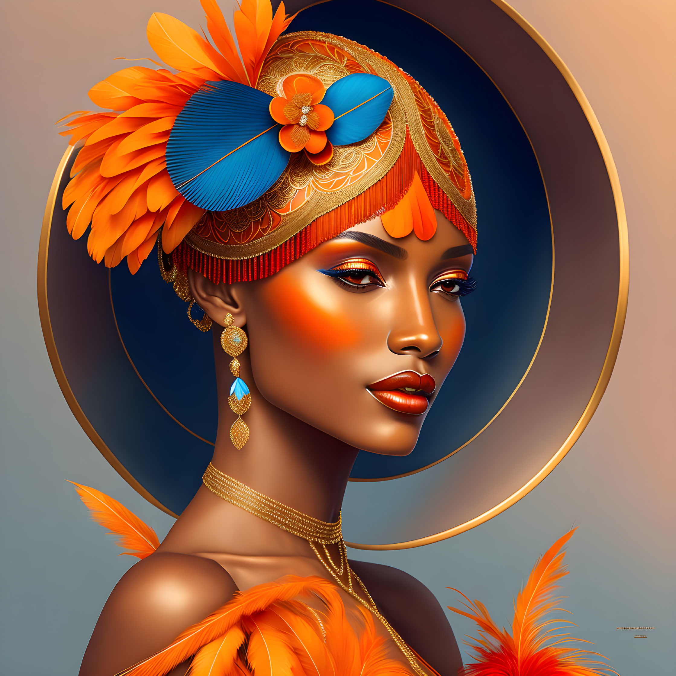 Digital artwork: Woman with radiant orange makeup, feathers, beads, and earrings on circular backdrop