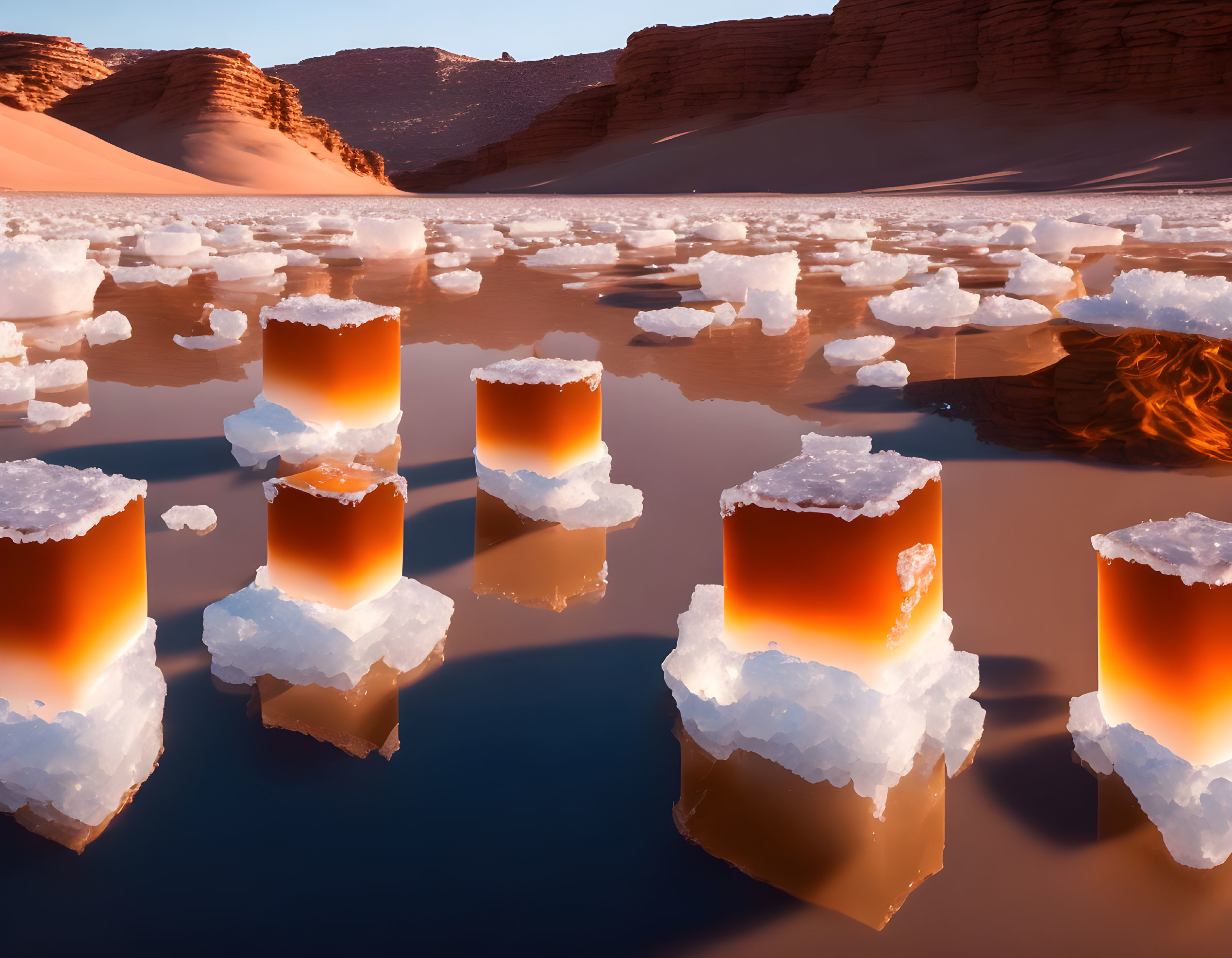 Sunset reflections of sand dunes on salt formations in desert lake