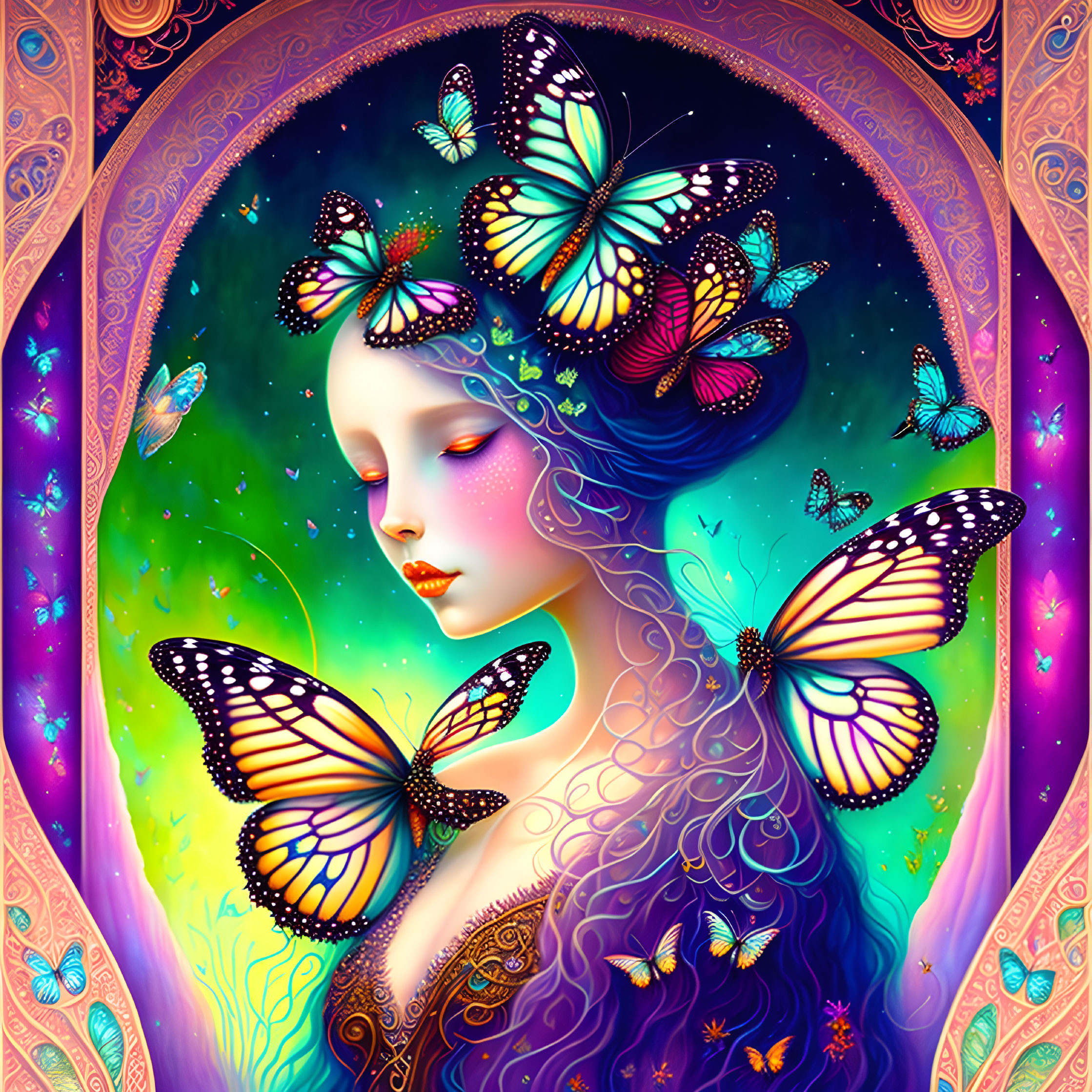 Colorful Woman with Butterflies in Mystical Setting and Ornate Arches