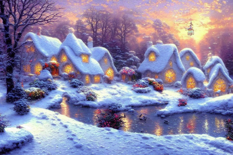 Snow-covered cottages and frozen pond in twilight forest setting