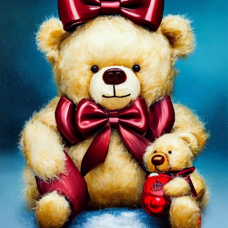 Two teddy bears with red bow and holiday ornament on blue backdrop