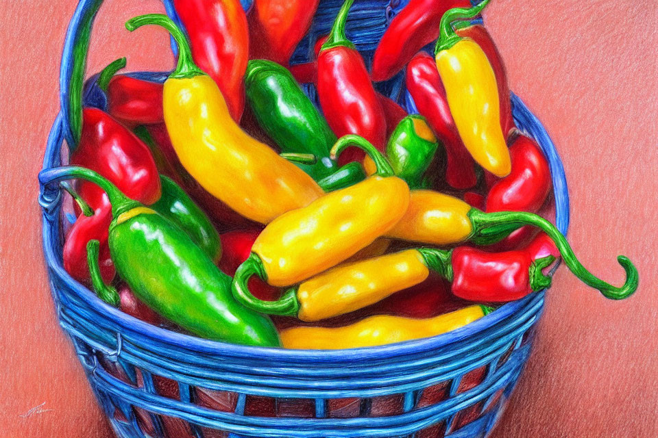 Colorful drawing of chili peppers in a blue basket on red background