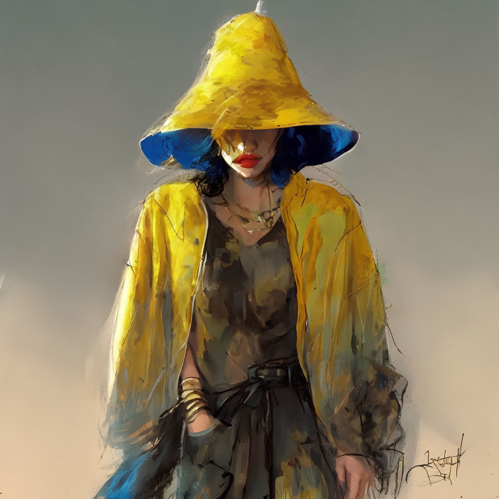 Stylized portrait of person in large yellow hat and blue hair