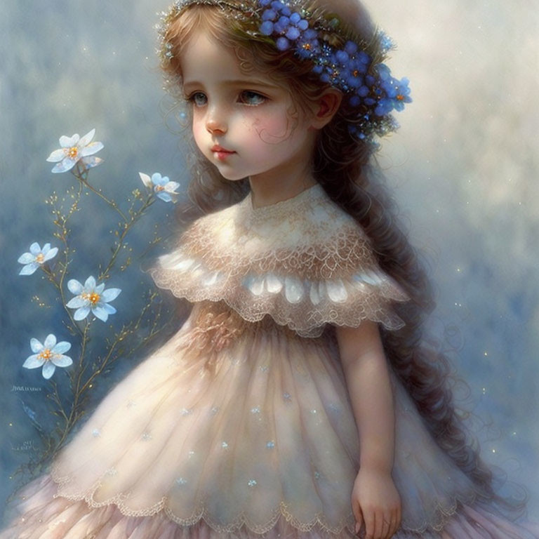 Young Girl in Lace Dress with Floral Headband Surrounded by Ethereal Flowers