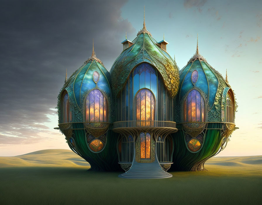 Whimsical peacock-inspired fantasy architecture at dusk