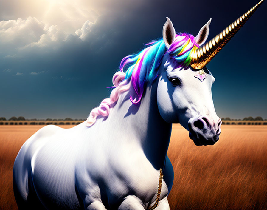 Colorful unicorn with golden horn in dramatic sky and field.