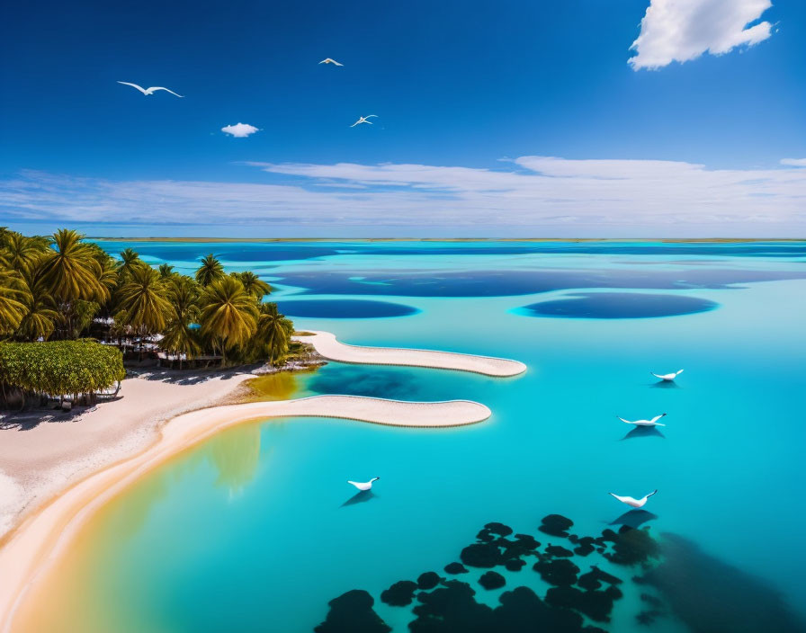 White Sandy Beach with Palm Trees and Crystal-Clear Blue Water