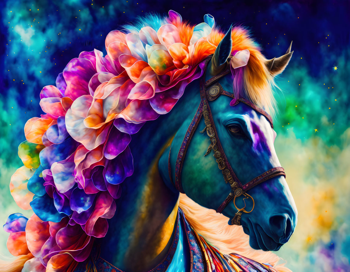 Colorful digital art: Blue horse with shimmering petals on cosmic backdrop