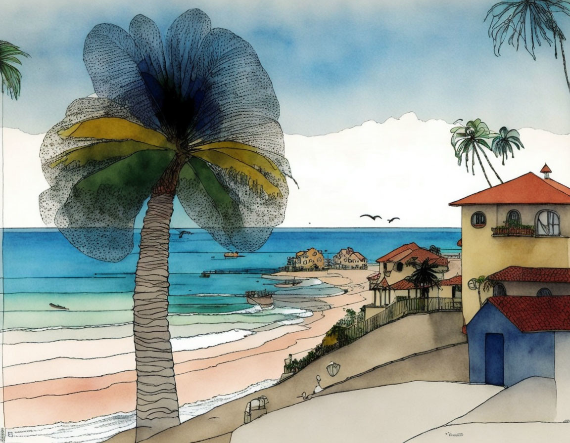 Vibrant seaside illustration with palm tree, beach, buildings, and birds.