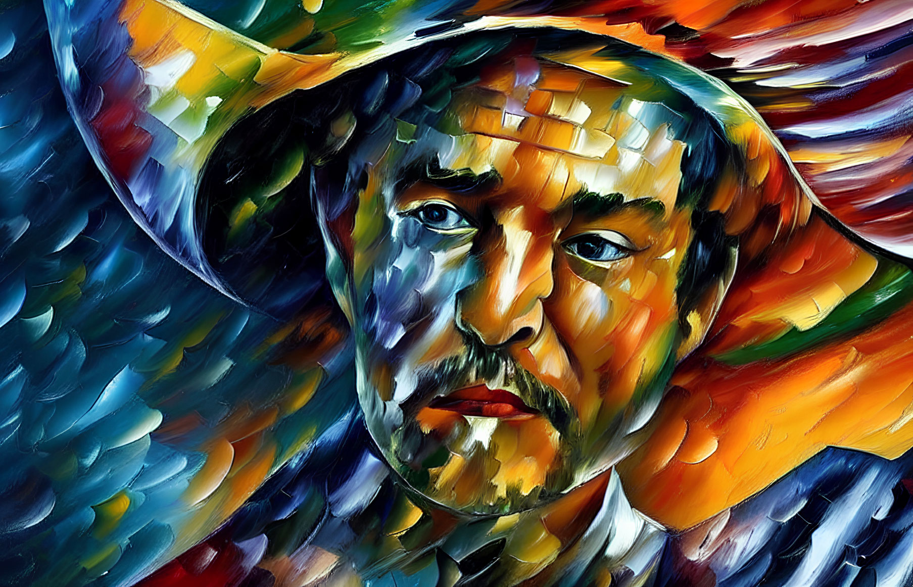 Colorful Digital Painting of Man with Hat in Swirling Brushstroke Mosaic