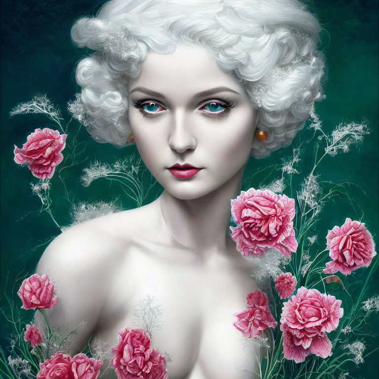 Fair-skinned woman with white curly hair and striking eyes in a digital portrait with pink roses on a