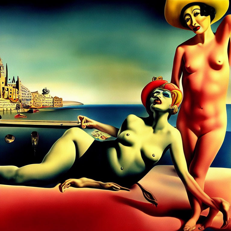 Surreal nude figures on beach with vibrant colors & dreamlike townscape