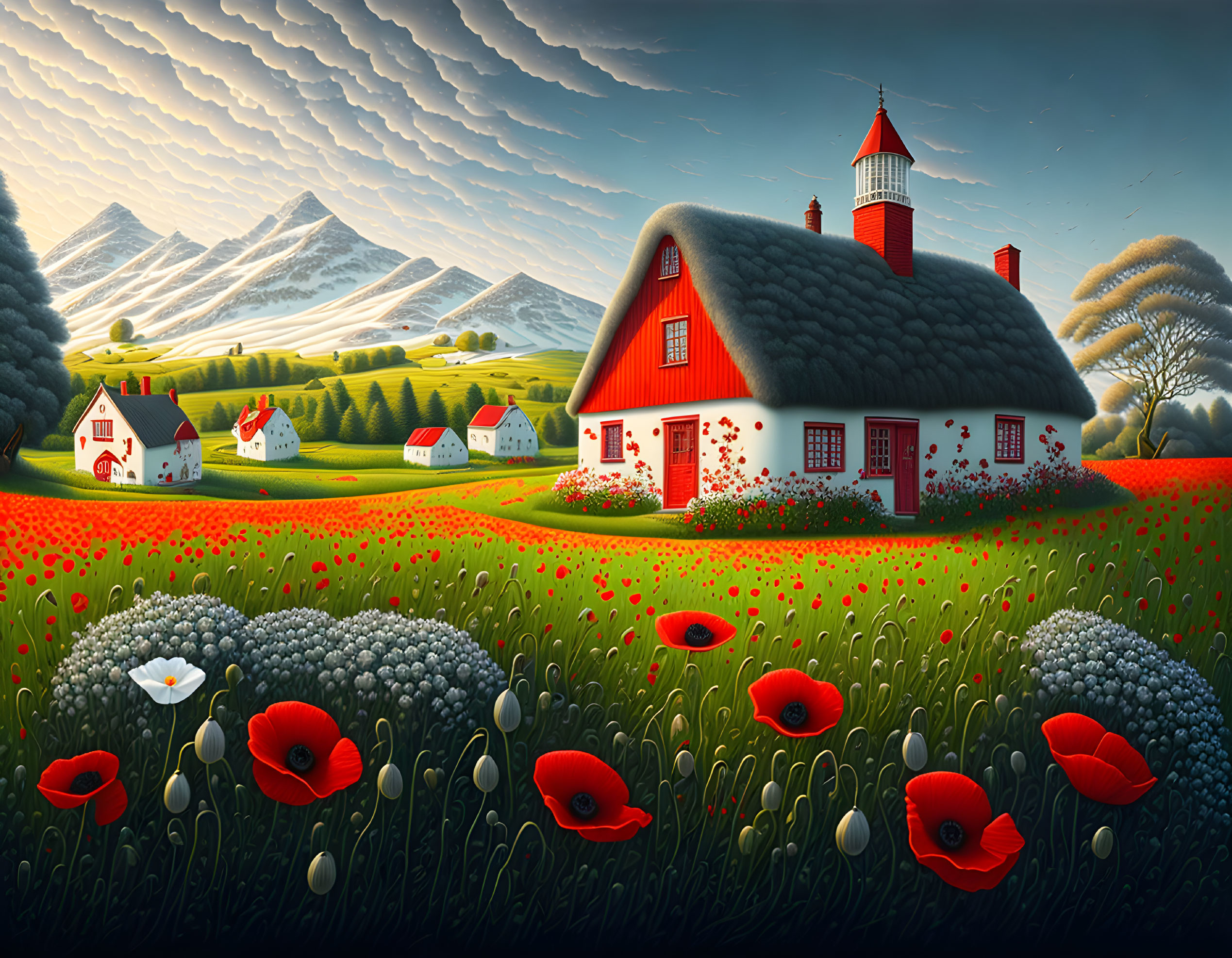 Vibrant red-roofed cottage in lush landscape with poppies