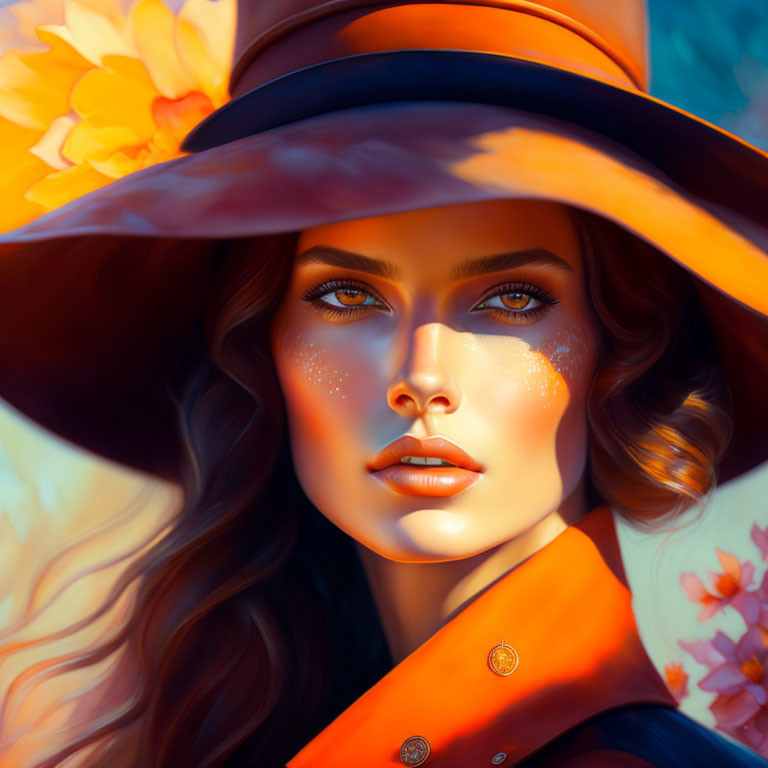 Portrait of woman with striking eyes in wide-brimmed hat and orange coat, adorned with floral elements