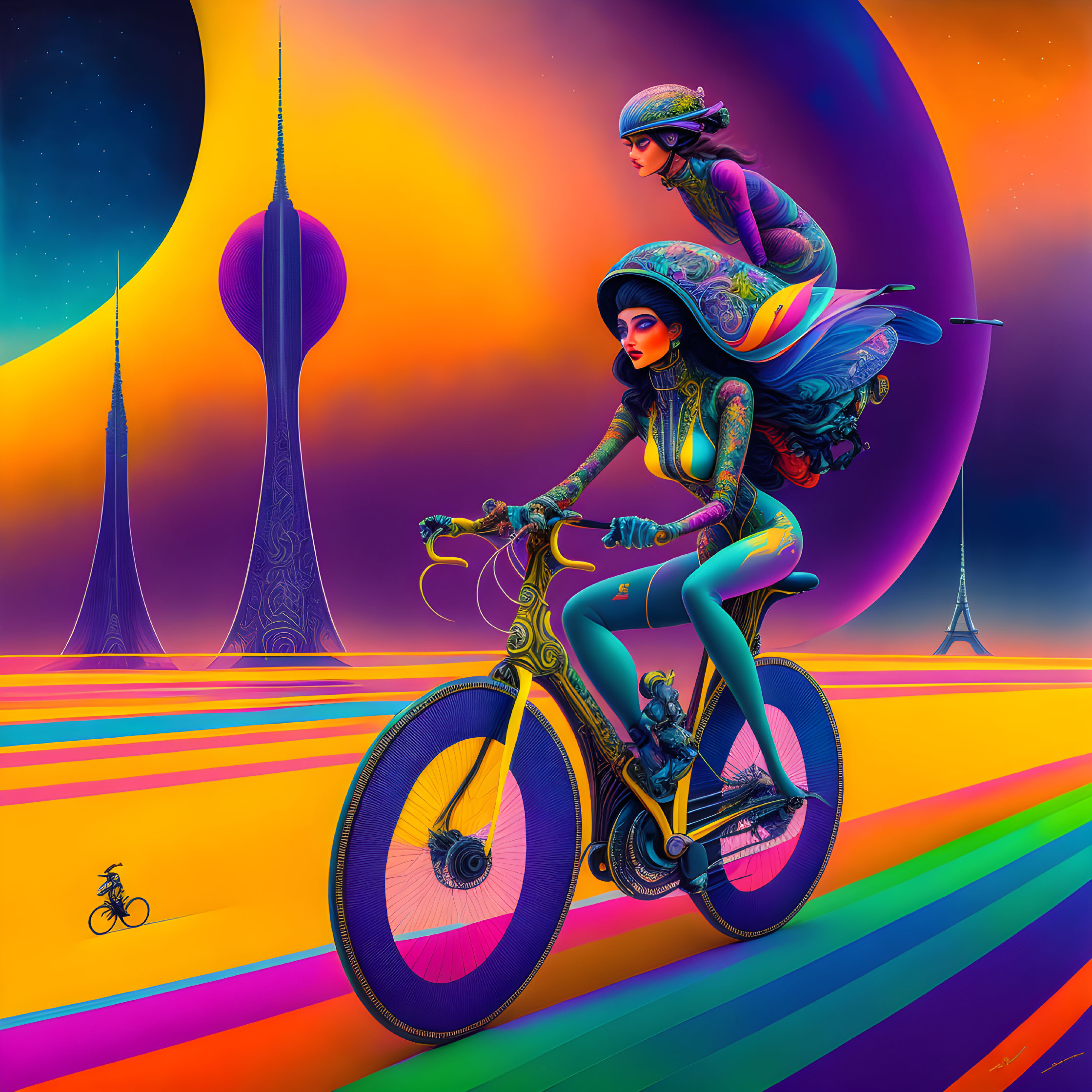 Vibrant futuristic outfits: Two women biking on colorful path with surreal elements and skyscrapers under