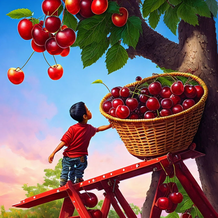 Child on Red Ladder Reaching for Cherries in Vibrant Setting