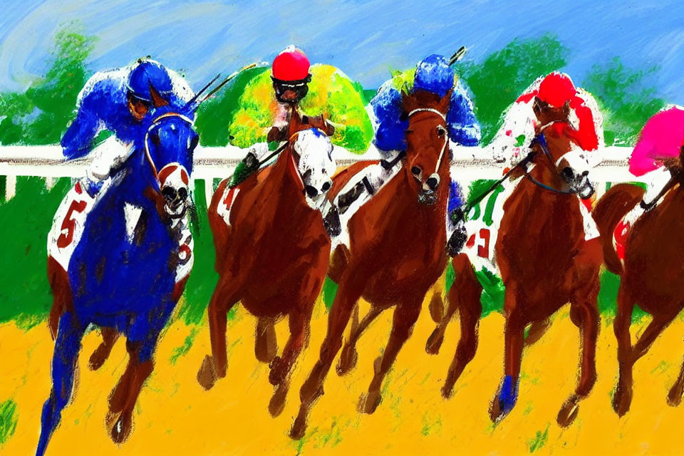 Vibrant Horse Racing Painting with Jockeys in Silks on Dirt Track