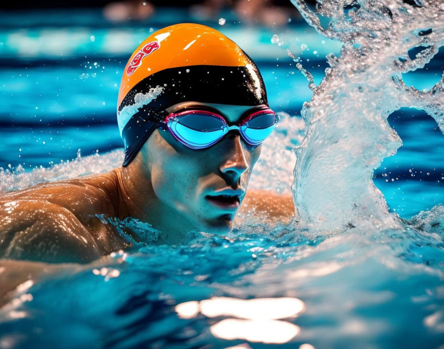 Swimmer in Goggles and Cap Creates Splash