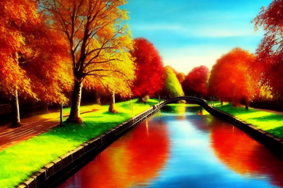 Tranquil canal with autumn trees and footbridge