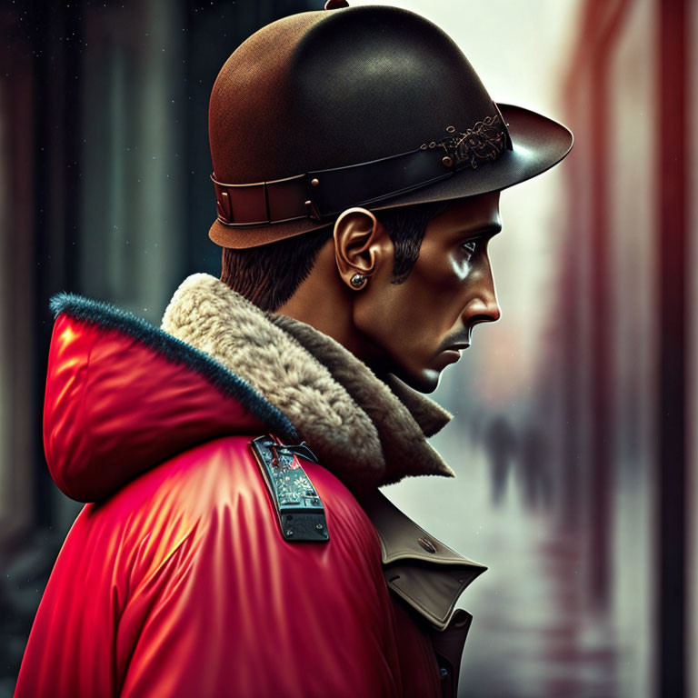 Digital artwork of man in military helmet and red coat against urban backdrop