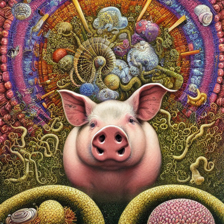 Detailed Pig's Face Illustration with Cosmic Background