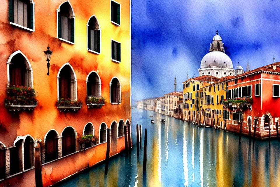 Colorful Venetian Canal Watercolor Painting with Buildings and Dome