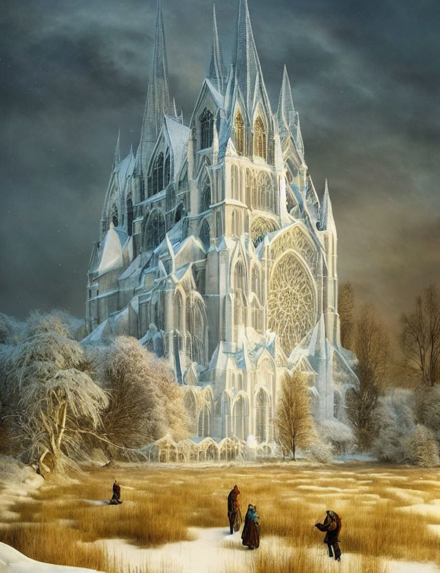 Illuminated Gothic cathedral in snowy landscape with approaching figures