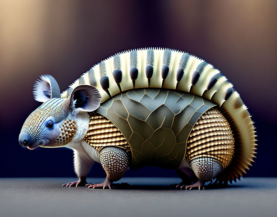 Digital artwork of armored animal with gold and brown plating and white furry head