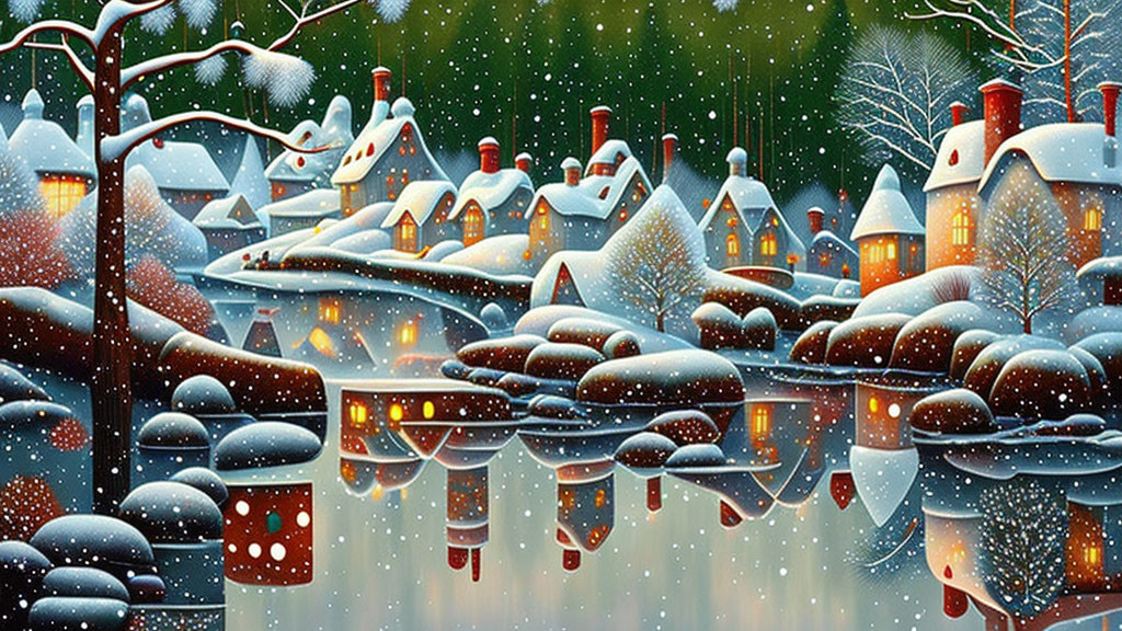 Snow-covered rooftops and gentle snowfall in a winter village scene.