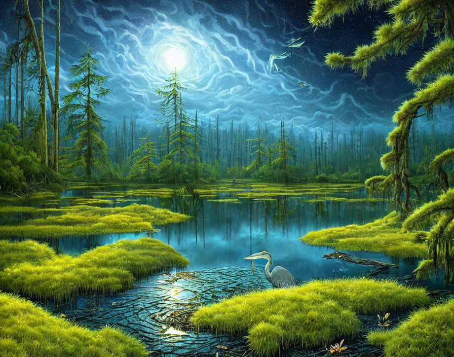 Ethereal full moon landscape with serene forest, reflective lake, and heron.