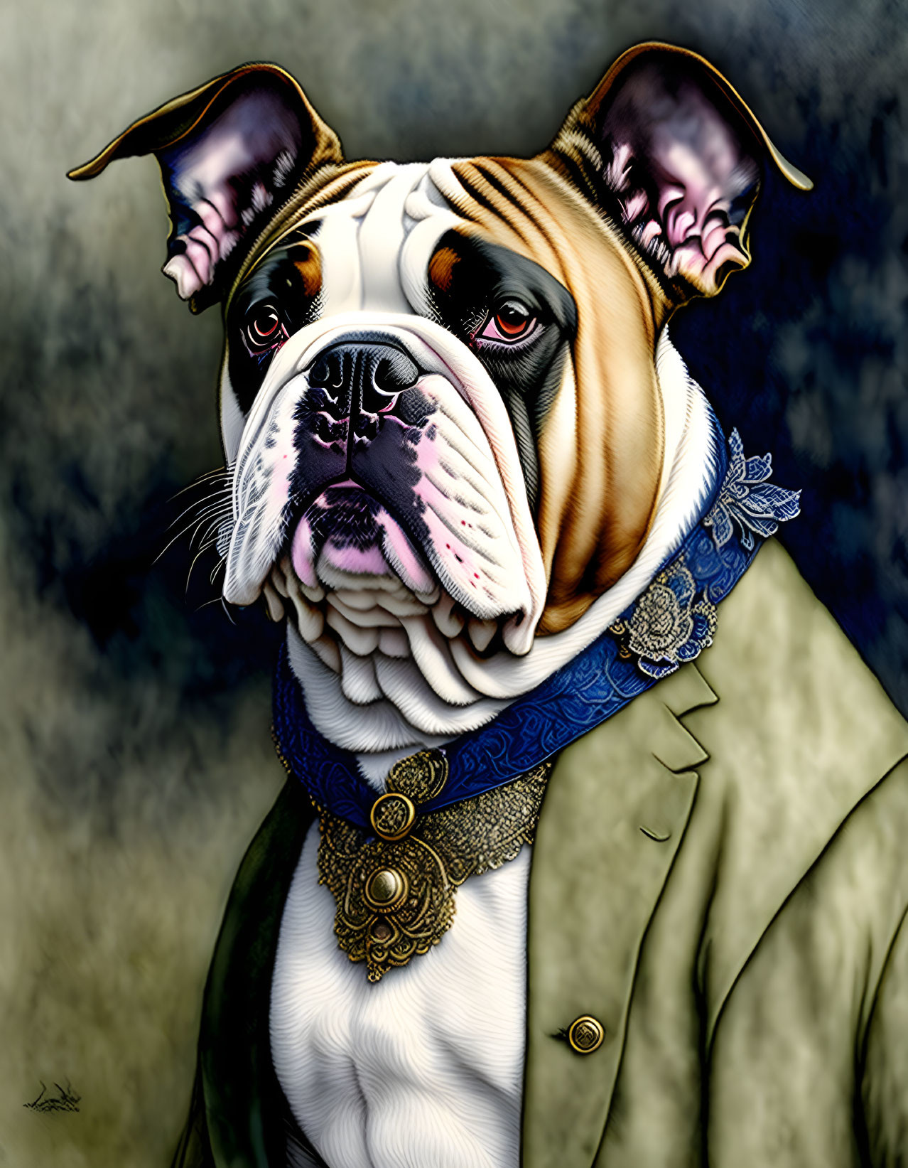 Stylized illustration of dog in human-like attire with blue adornment and jacket