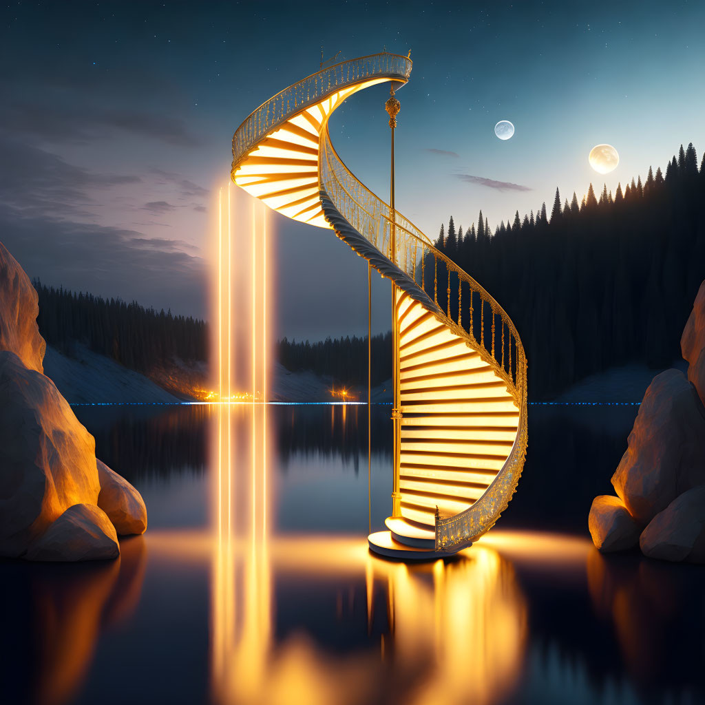 Spiral staircase descends over serene lake in moonlit forest