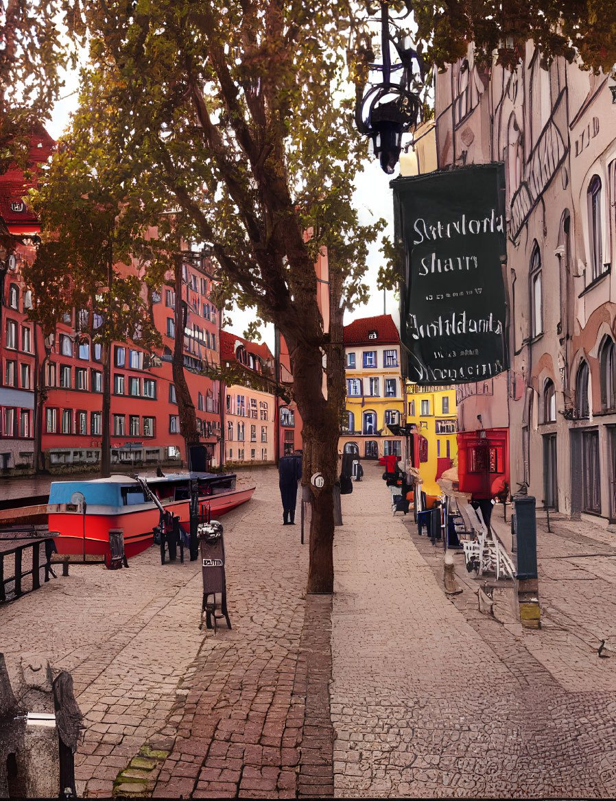 European Town Scene: Cobblestone Street, Colorful Buildings, Outdoor Seating, Tree, Street