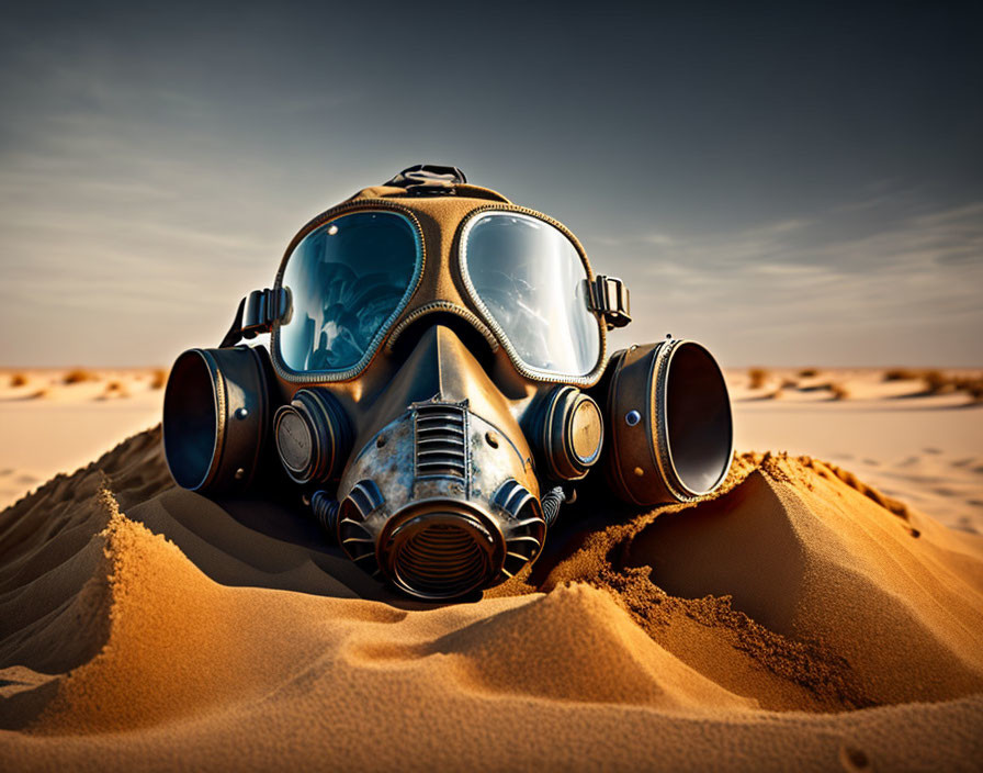 Vintage Gas Mask on Sand Dune Reflecting Desert Environment