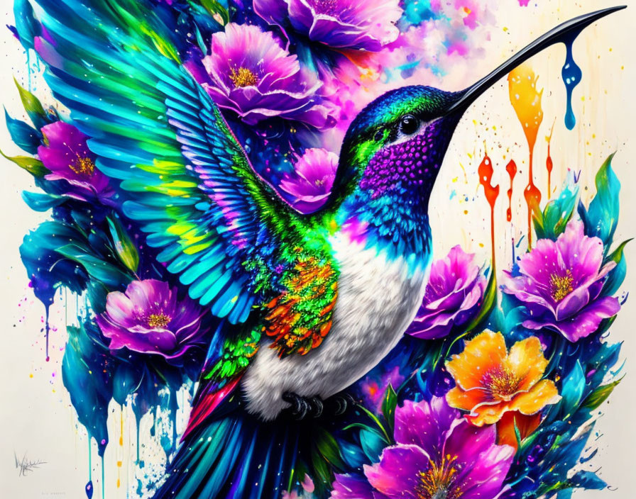 Colorful hummingbird flying among vivid flowers in vibrant artwork