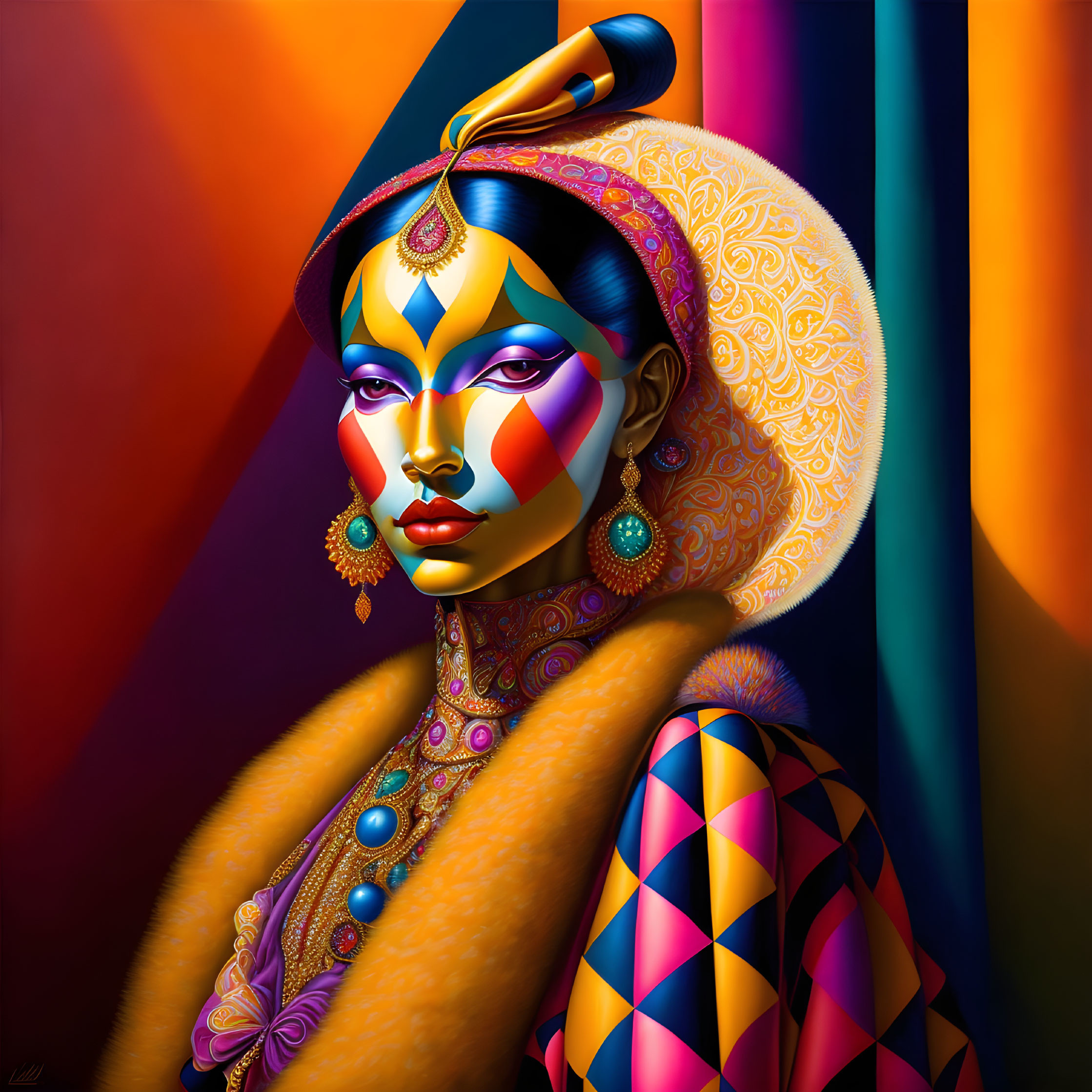 Colorful portrait of a woman with intricate face paint and patterned headwrap.