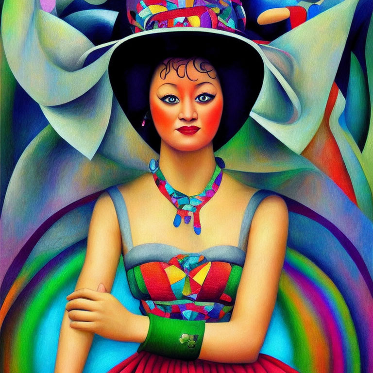 Colorful Geometric Dress Portrait of Woman with Hat and Necklace