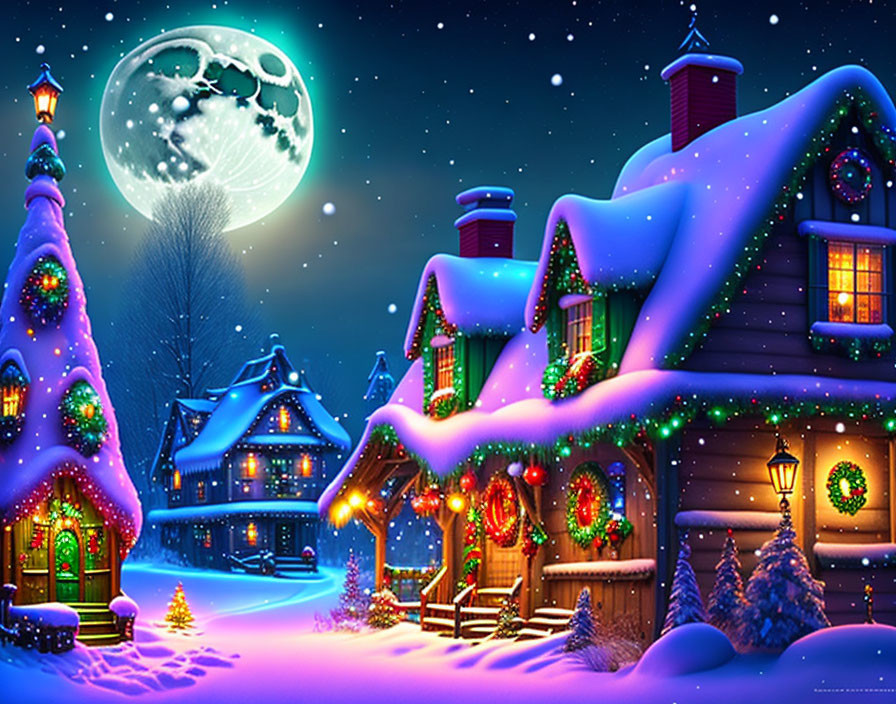 Winter scene: Snow-covered houses, festive lights, full moon.